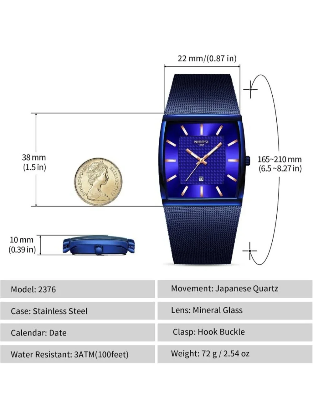 Nibosi Men's Blue Square Analog Quartz Stainless Mesh Strap Waterproof Watch